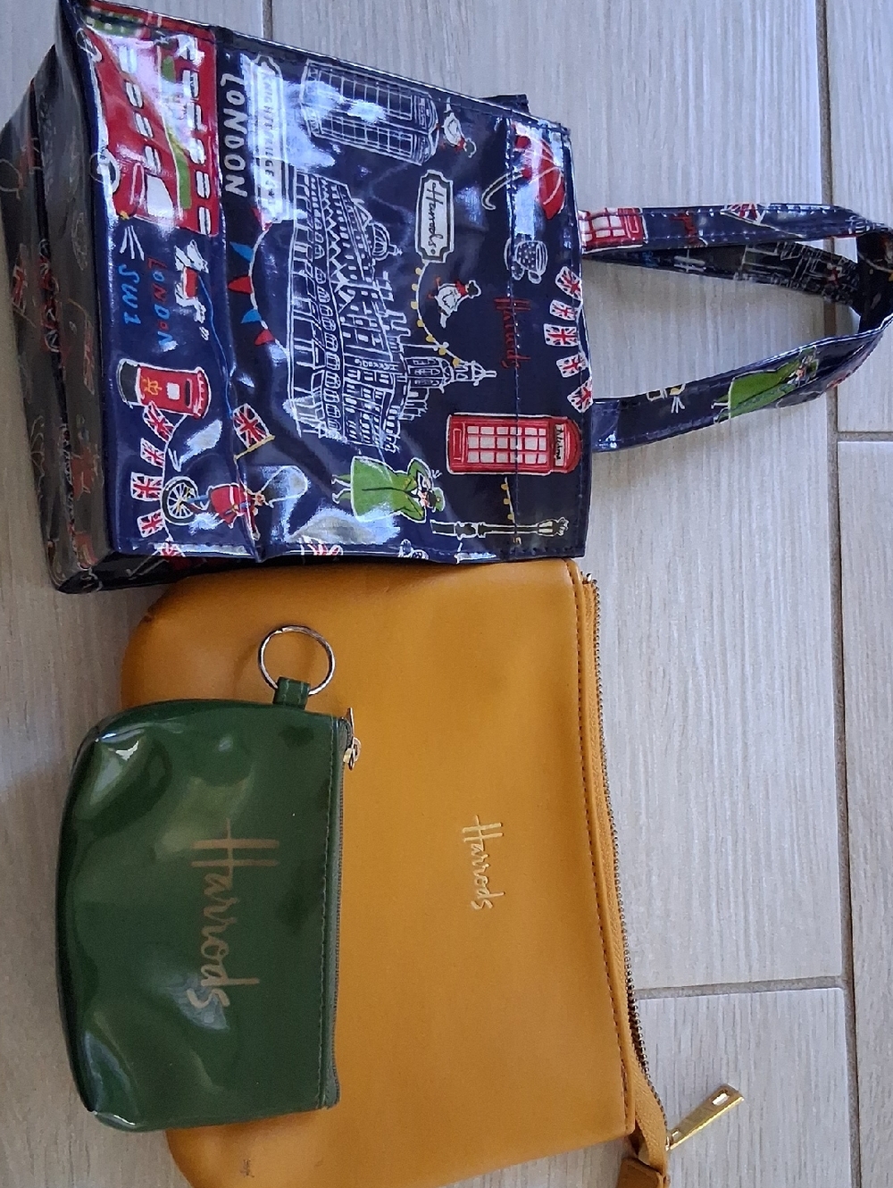 Harrods Yellow Zip Pouch, Green Coin Purse & Navy London Print Mini Tote 3pc Lot